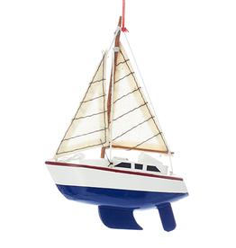 Kurt Adler Wooden Yacht - Sailboat Christmas Ornament BLUE Hull