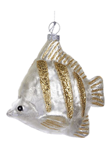 Kurt Adler Glass Silver Fish Ornament w Gold Glittered Stripes 4.6"