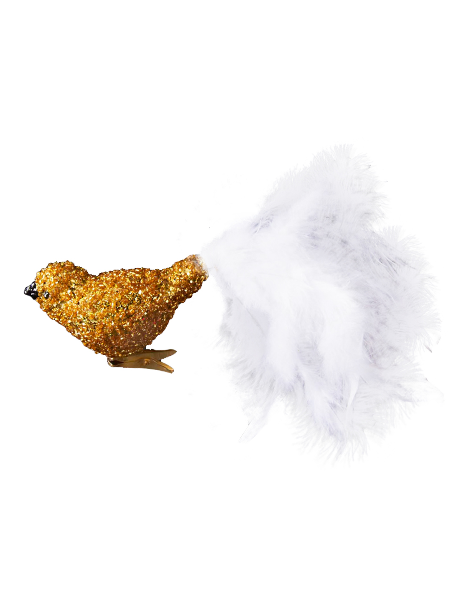 Kurt Adler Glass Deco Bird Ornament Gold Glitter w Feathers -B