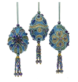 Kurt Adler Mini Peacock Egg Ornaments 3 inch Glitter W Beads Set Of 3