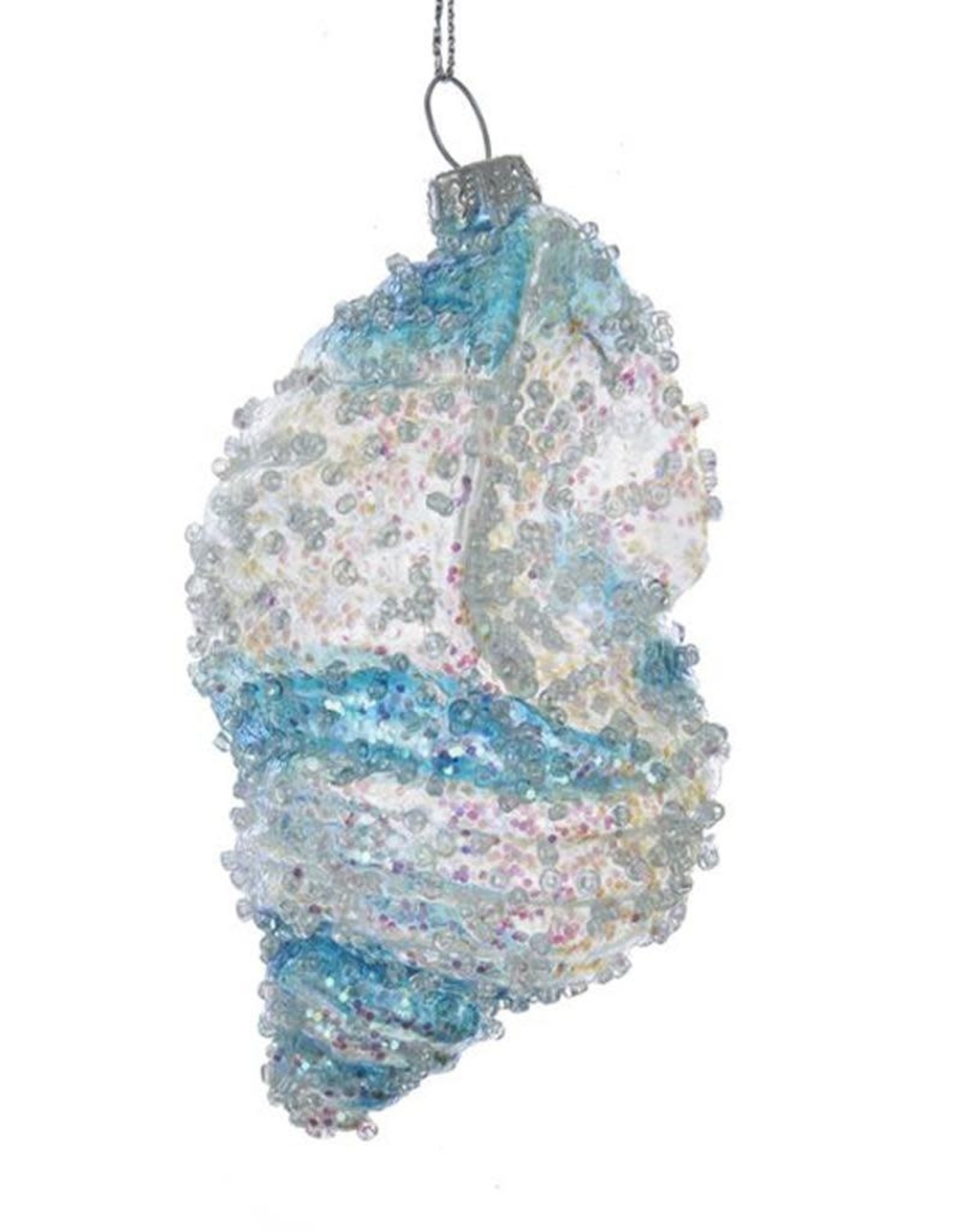 Kurt Adler Beaded Iridescent Glass Shell Ornament w Blue Clear Stripes - B