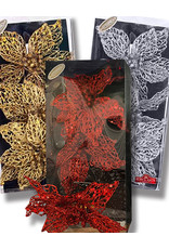 Kurt Adler Glitter Flowers W Clips 8 Inch 3pc Box Sets Of Gold Red Silver