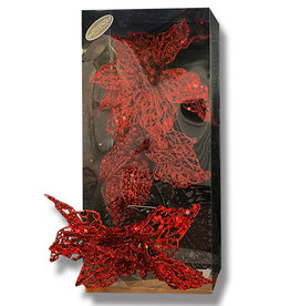 Kurt Adler Glitter Christmas Flowers W Clips 8 Inch 3pc Box Set RED
