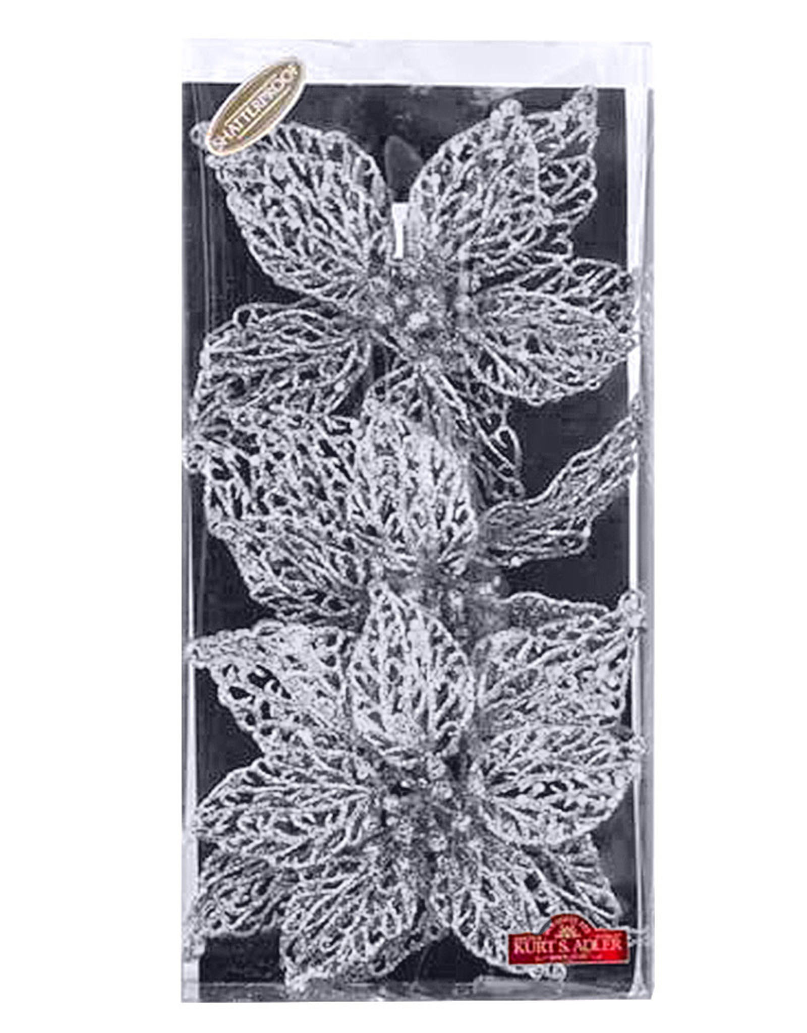 Kurt Adler Glitter Christmas Flowers W Clips 8 Inch 3pc Box Set SILVER