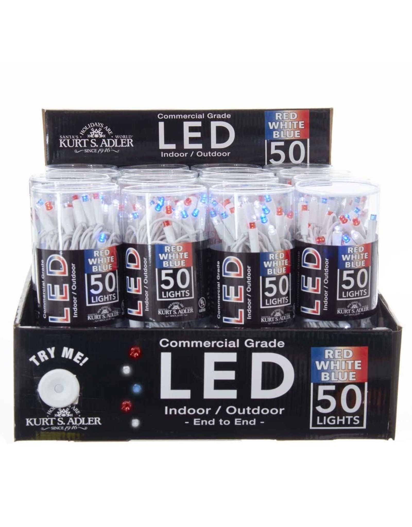 Kurt Adler Patriotic 50 Light String Set 5MM LED Red White Blue Frost