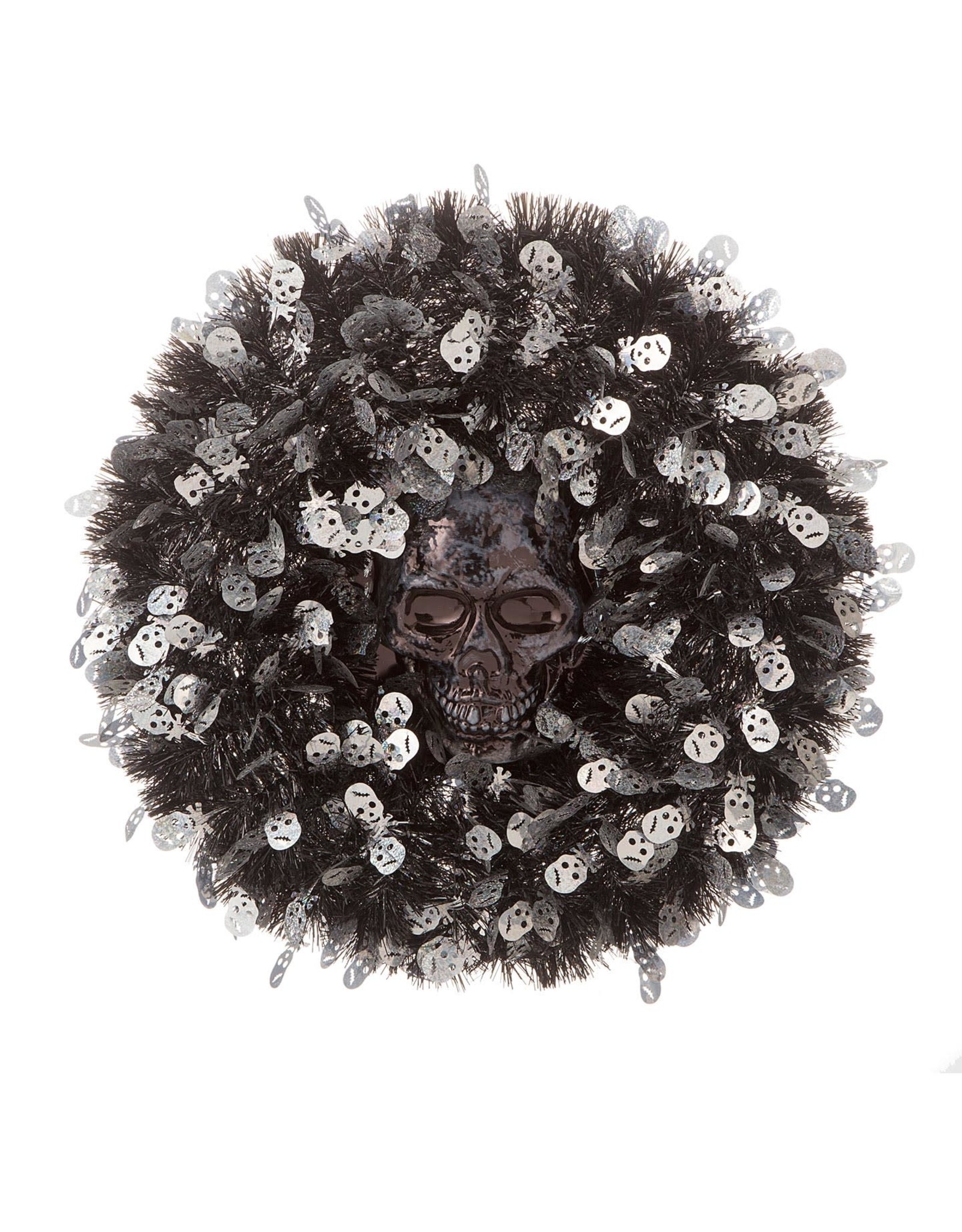 Darice Halloween Skull Wreath Black Silver Tinsel 18 inch