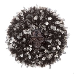 Darice Halloween Skull Wreath Black Silver Tinsel 18 inch
