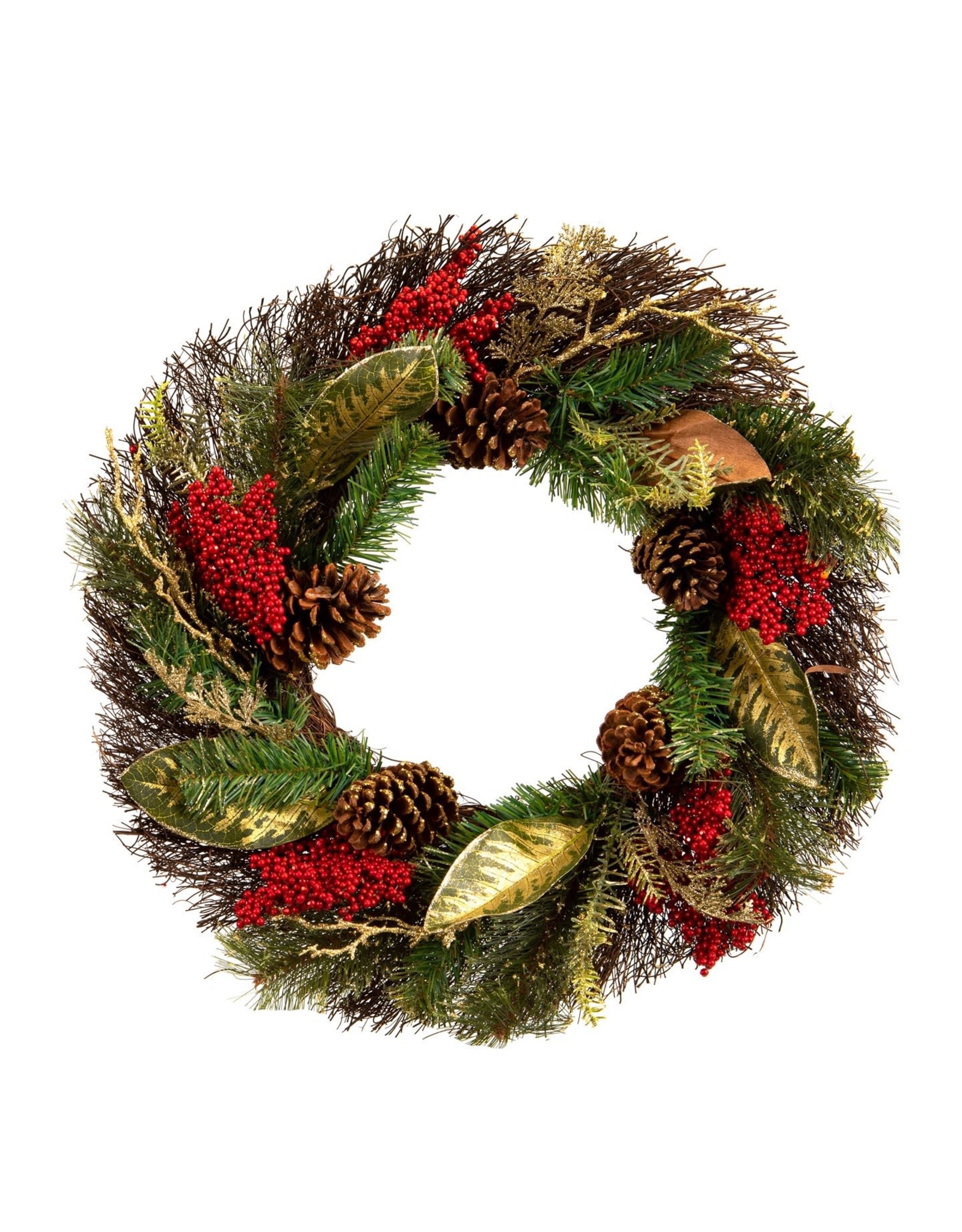 Darice Pine Wreath with Red Berries and Gold Accents 24 Inch