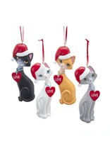 Kurt Adler Cats In Santa Hats And Love Heart Collars Ornament Set Of 4