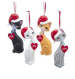 Kurt Adler Cats In Santa Hats And Love Heart Collars Ornament Set Of 4