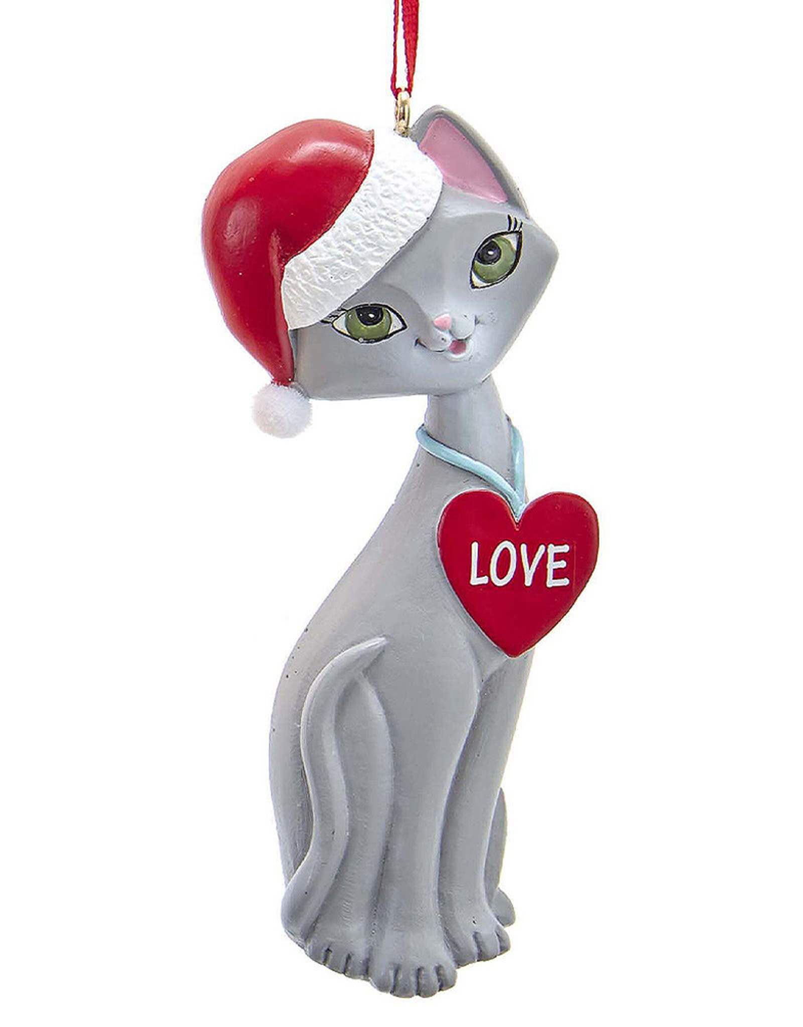 Kurt Adler Gray Cat In Santa Hat And Love Heart Collar Ornament