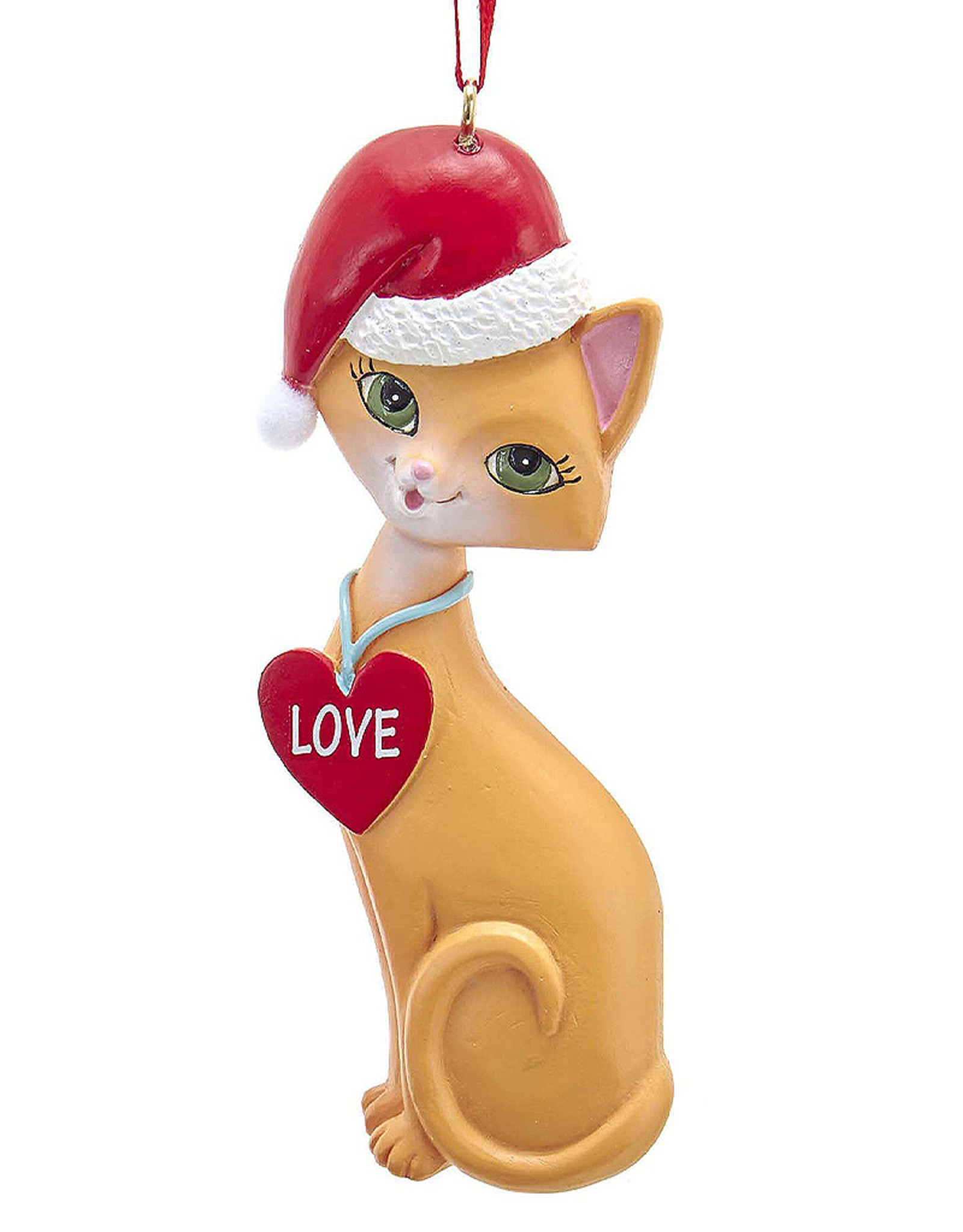 Kurt Adler Orange Cat In Santa Hat And Love Heart Collar Ornament