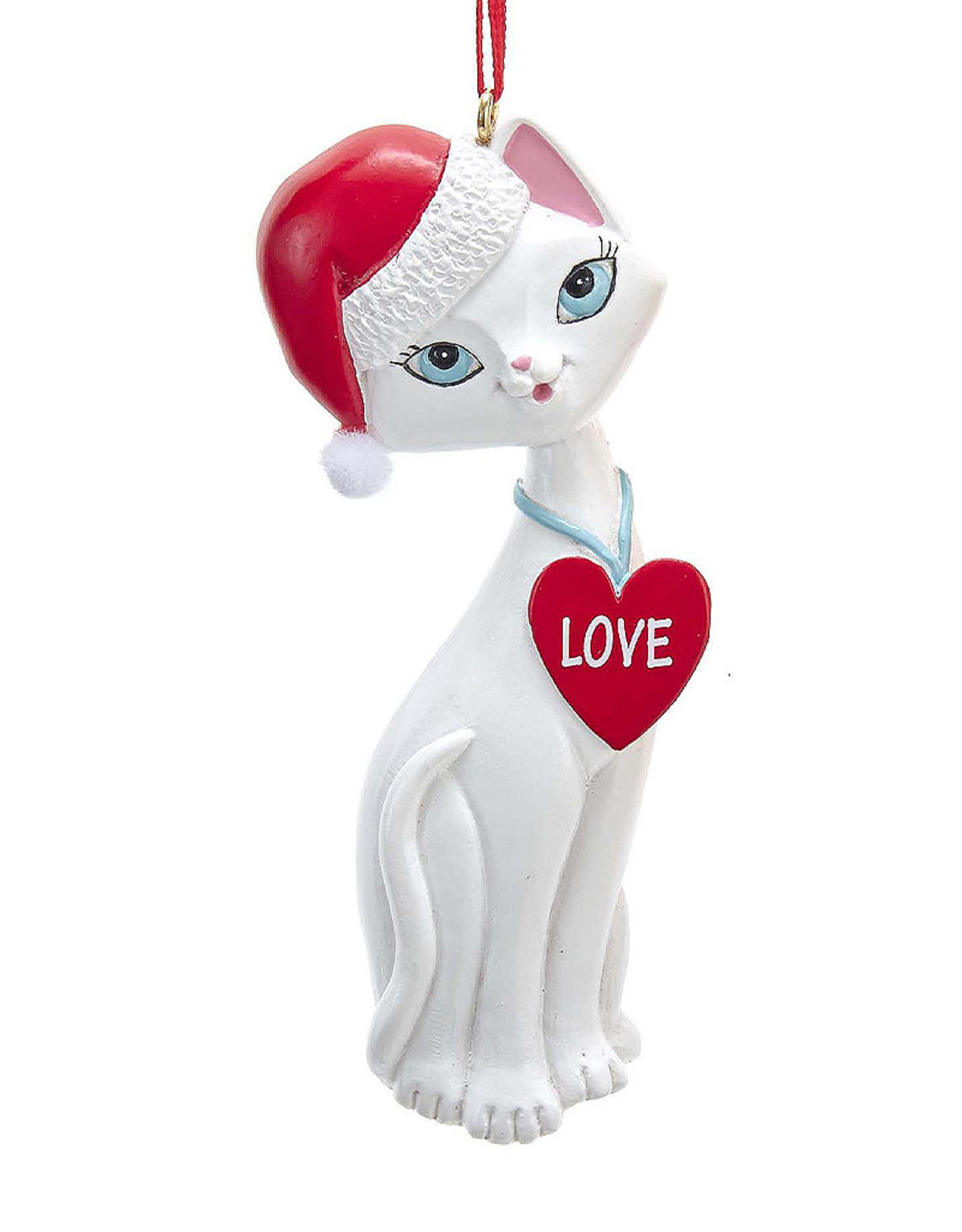 Kurt Adler White Cat In Santa Hat And Love Heart Collar Ornament