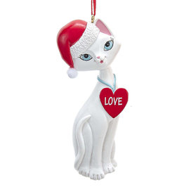 Kurt Adler White Cat In Santa Hat And Love Heart Collar Ornament