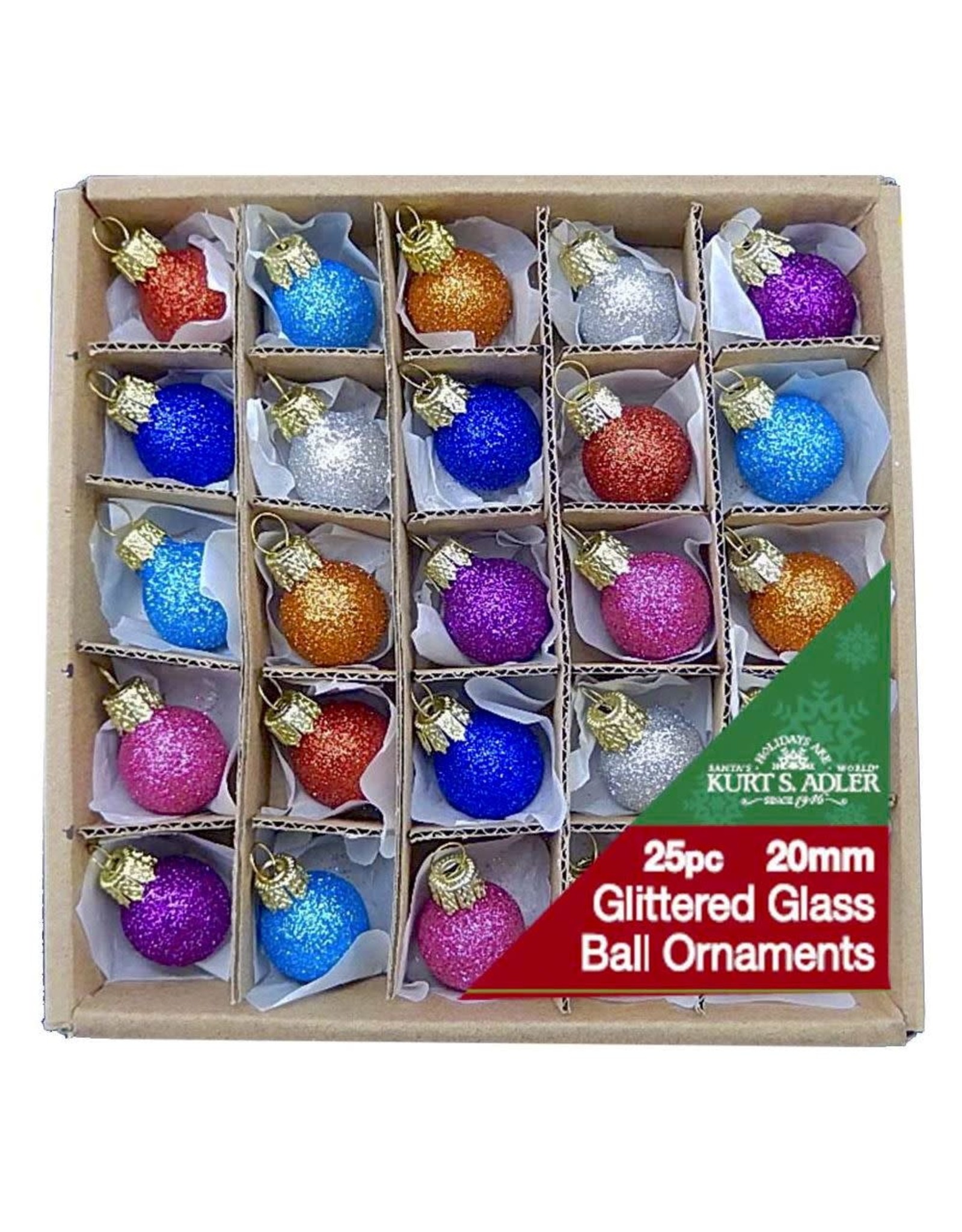 Kurt Adler 20MM Miniature Glitter Glass Ball Ornaments, 25-Piece Box Set