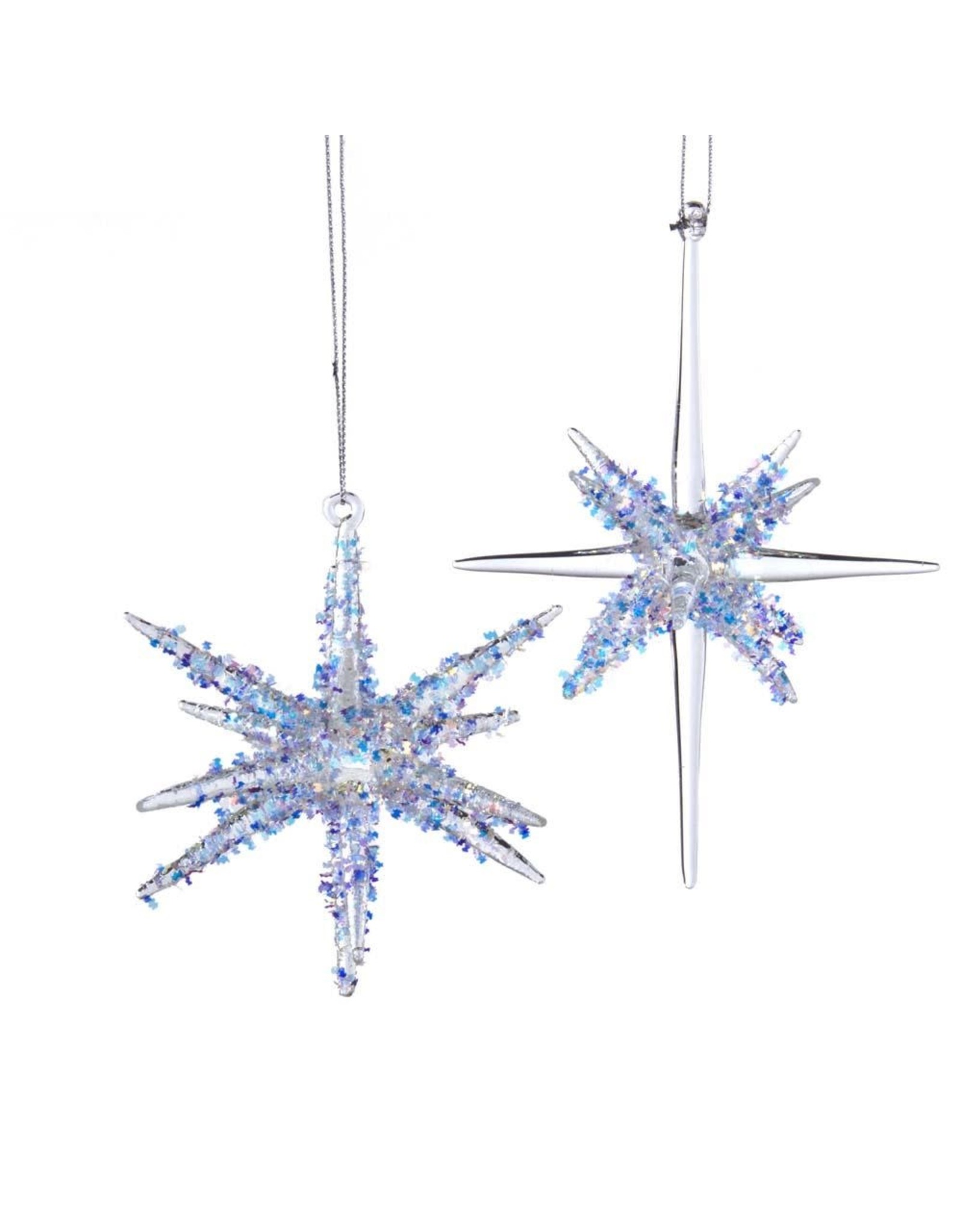 Kurt Adler Glass Star Bursts With Glitter Ornaments 2 Assorted
