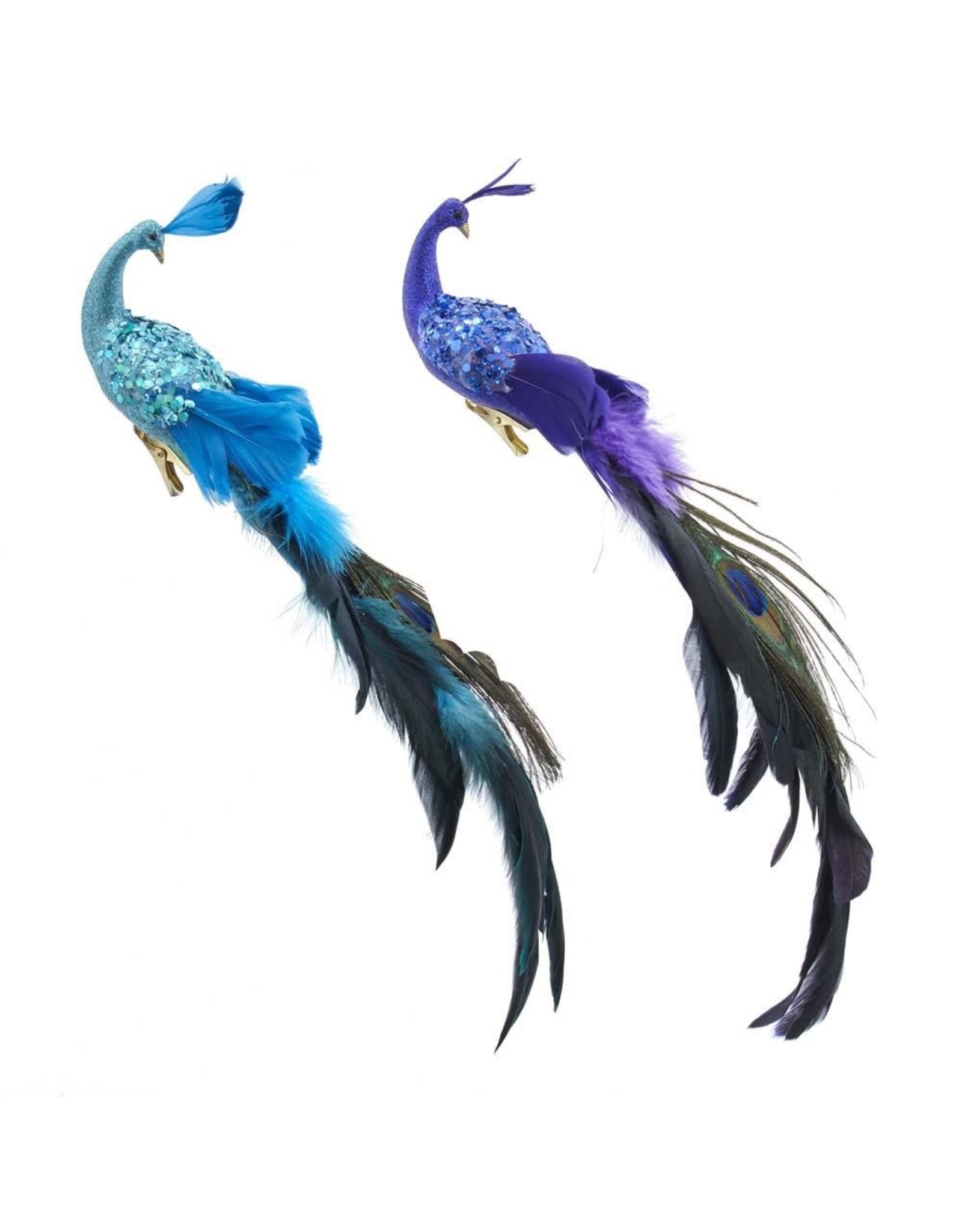 Kurt Adler Feather Peacock With Clip Bird Ornaments 2 Assorted