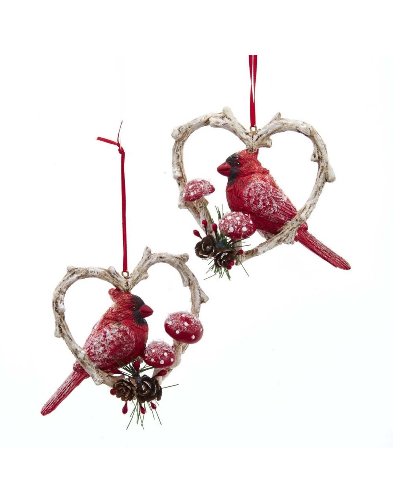 Kurt Adler Red Cardinal Birds In Branch Heart Ornaments 2 Assorted