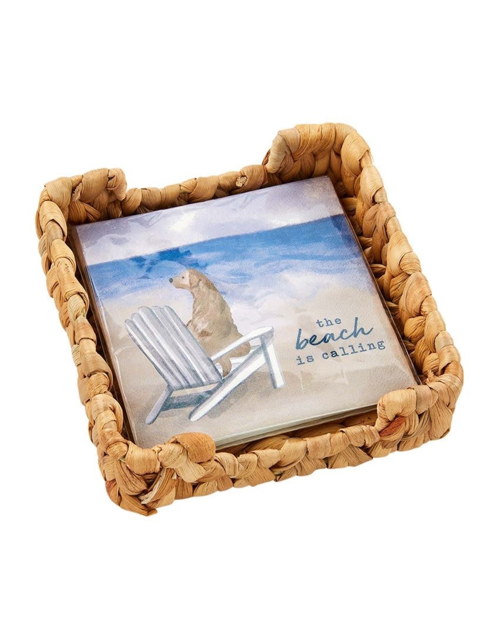Mud Pie Beach Cocktail Napkins In Basket Weave Holder Set - Dog