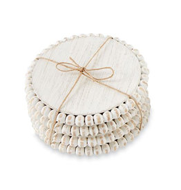 Mud Pie Beaded Wood Coasters Set of 4 In White