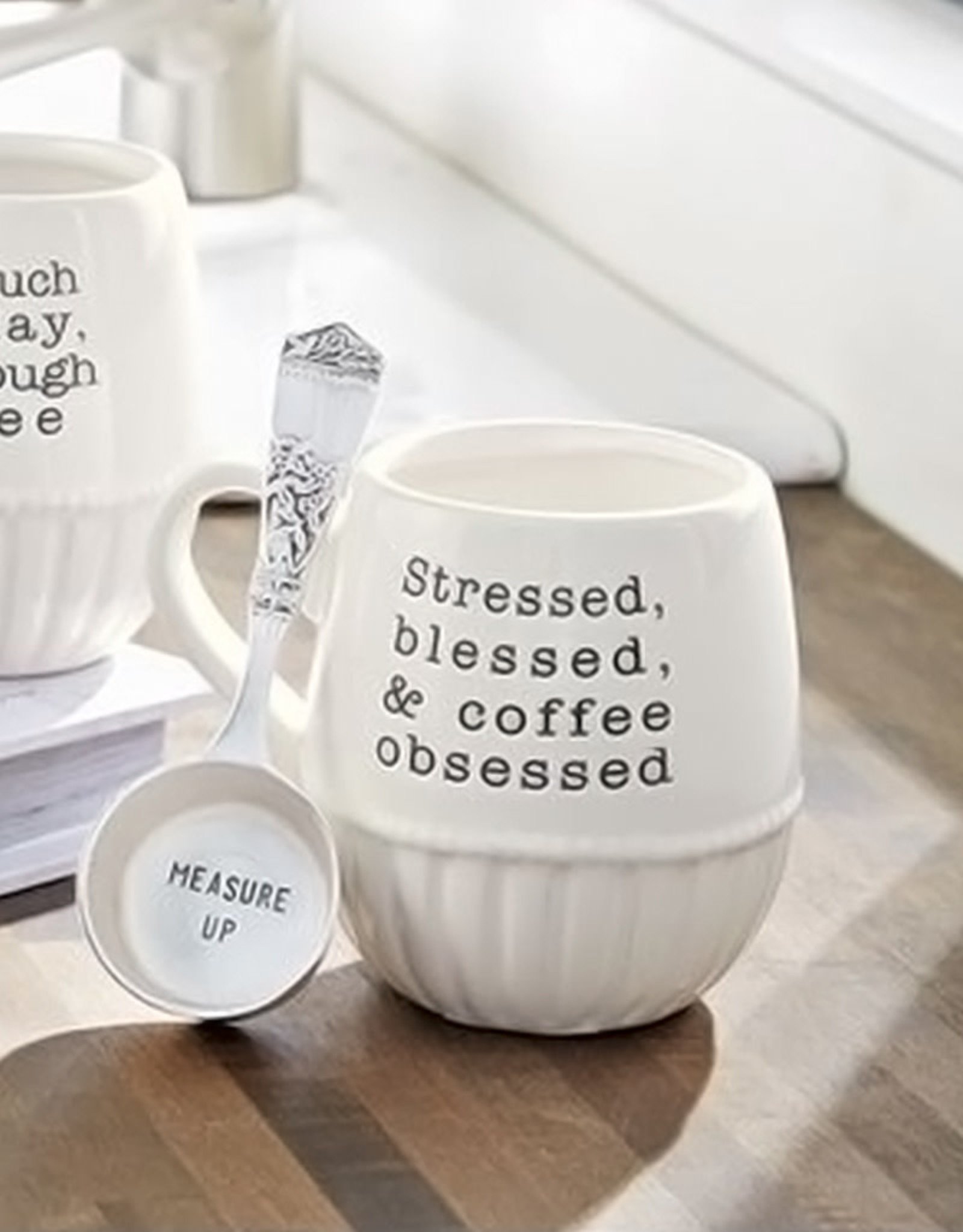 Mud Pie Coffee Mugs w Scoop Set Stressed Blessed Obsessed | Measure Up