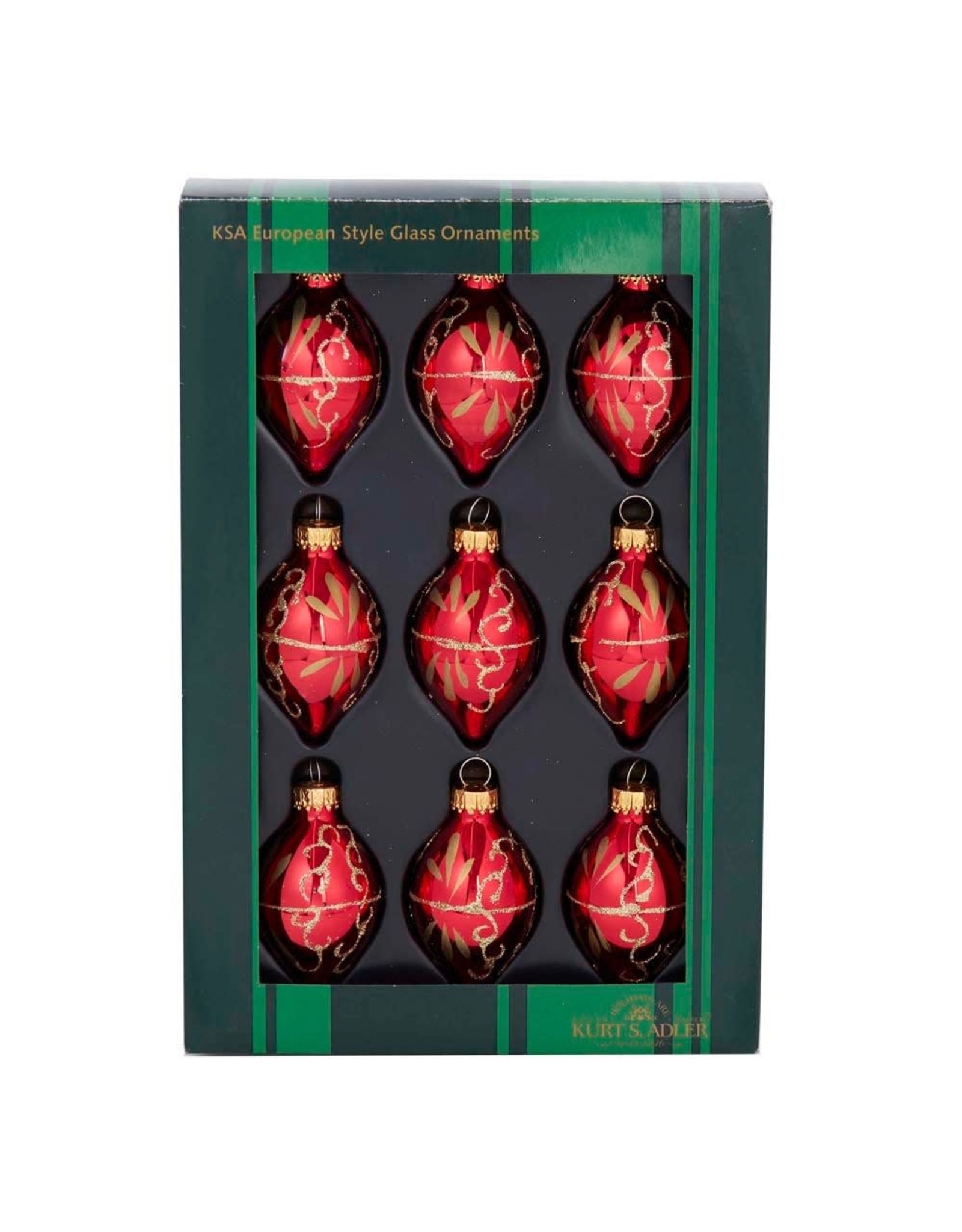 Kurt Adler Miniature Glass Drop Ornaments 35MM Set of 9 Red Gold