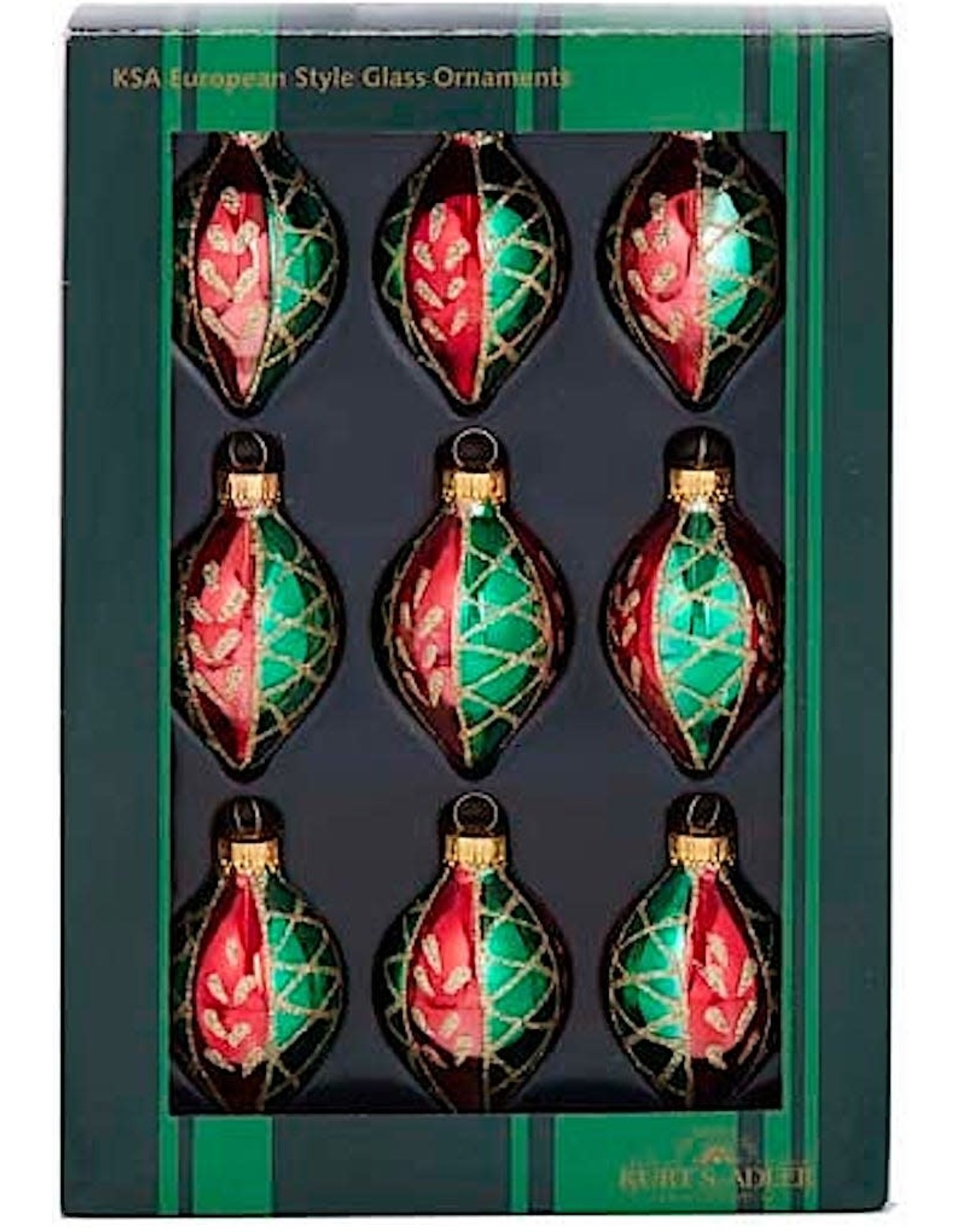 Kurt Adler Miniature Glass Drop Ornaments 35MM Set of 9 Red Green Gold