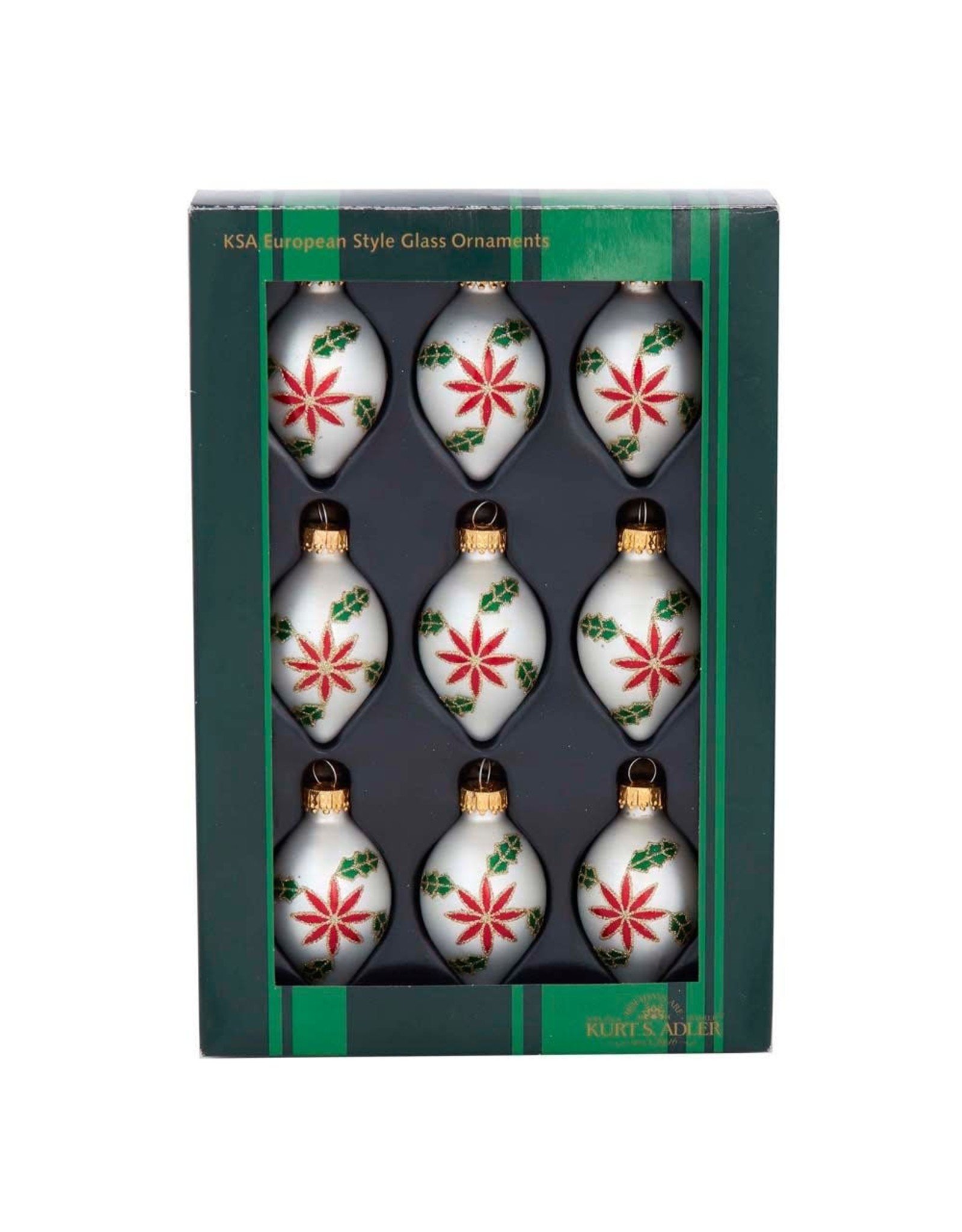 Kurt Adler Miniature Glass Drop Ornaments 35MM Set of 9 White Red Green
