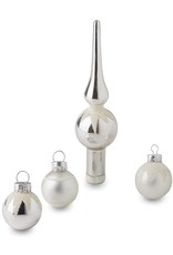 Kurt Adler Silver Miniature Glass Ball Ornaments W Tree Topper 15pc Set 35MM