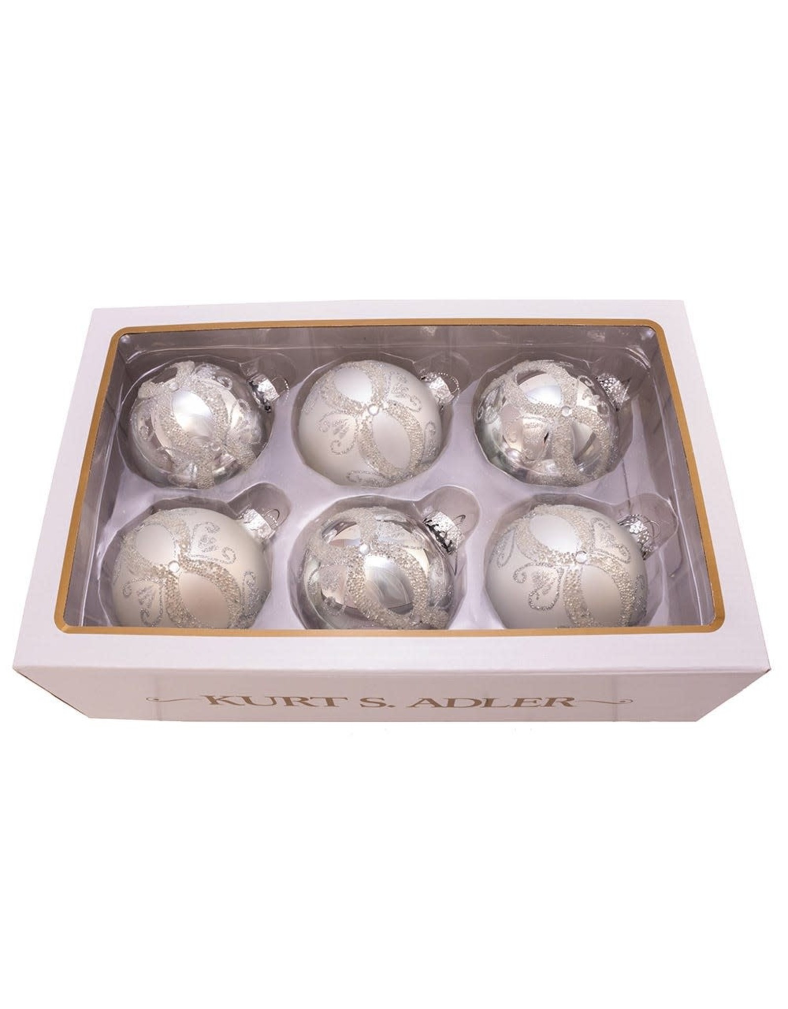 Kurt Adler Silver And Glitter Glass Ball Ornaments Set of 6 80mm