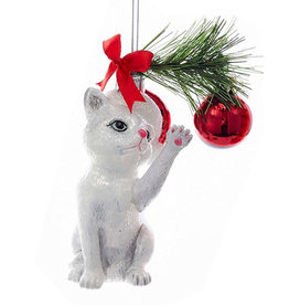 Kurt Adler Christmas Cat Glass Nobel Gems Ornament White Cat