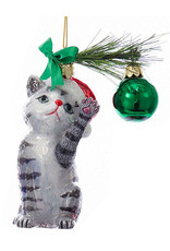 Kurt Adler Christmas Cat Glass Nobel Gems Ornament Grey Cat