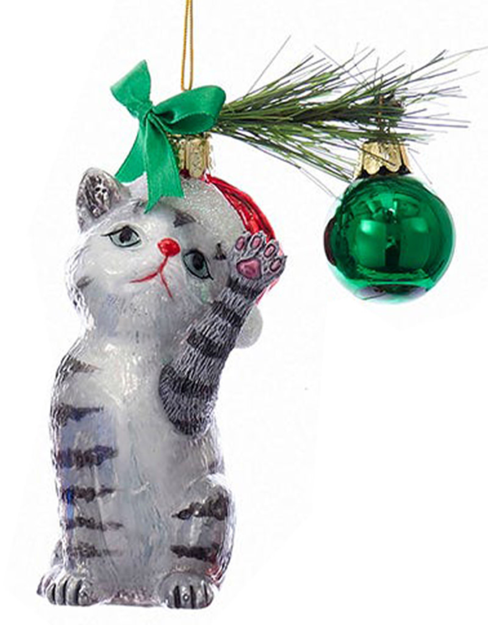 Kurt Adler Christmas Cat Glass Nobel Gems Ornament Grey Cat