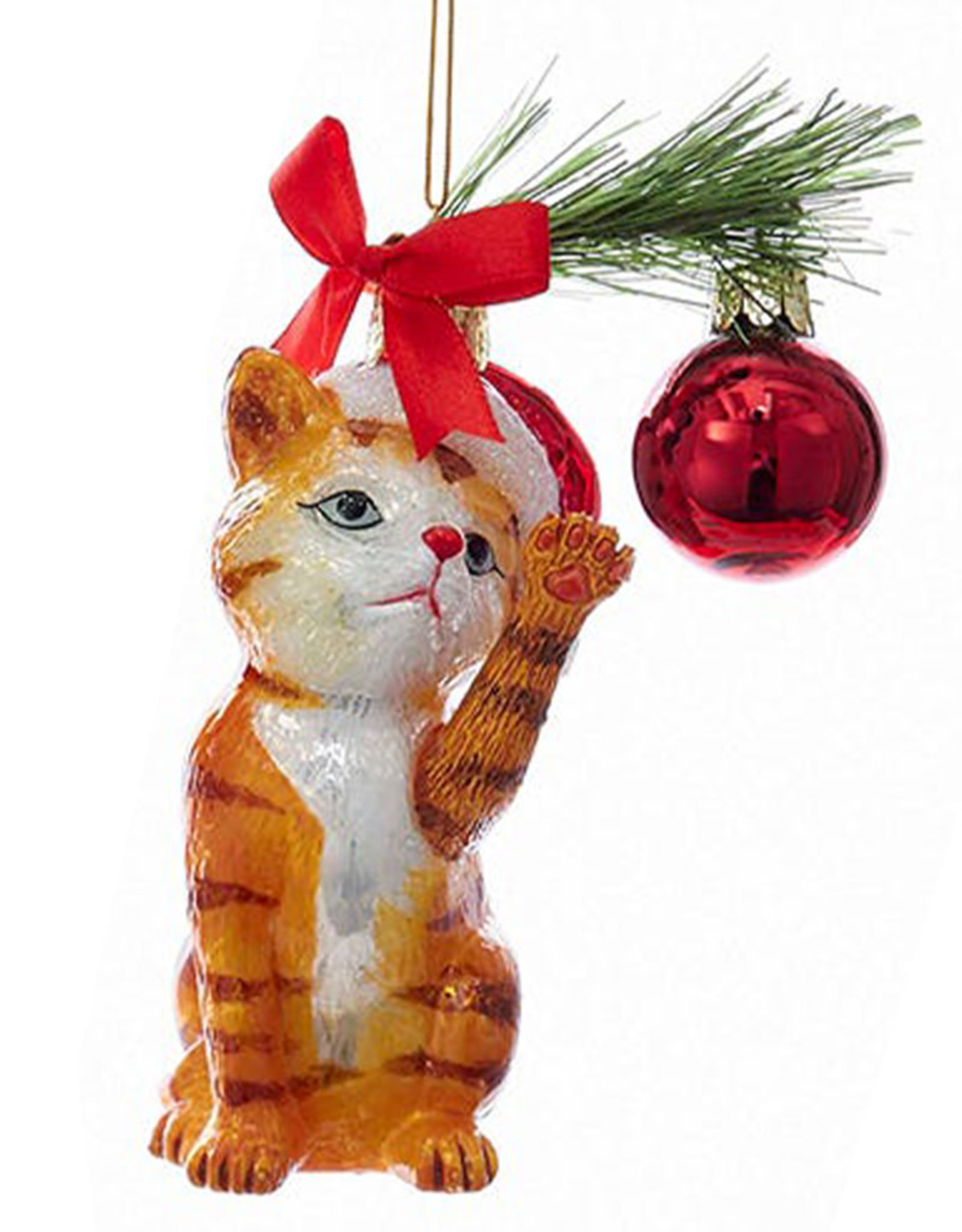 Kurt Adler Christmas Cat Glass Nobel Gems Ornament Orange Cat