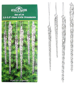 Kurt Adler Twisted Clear Glass Icicles Ornaments Set of 24 3.5-5.5 Inch
