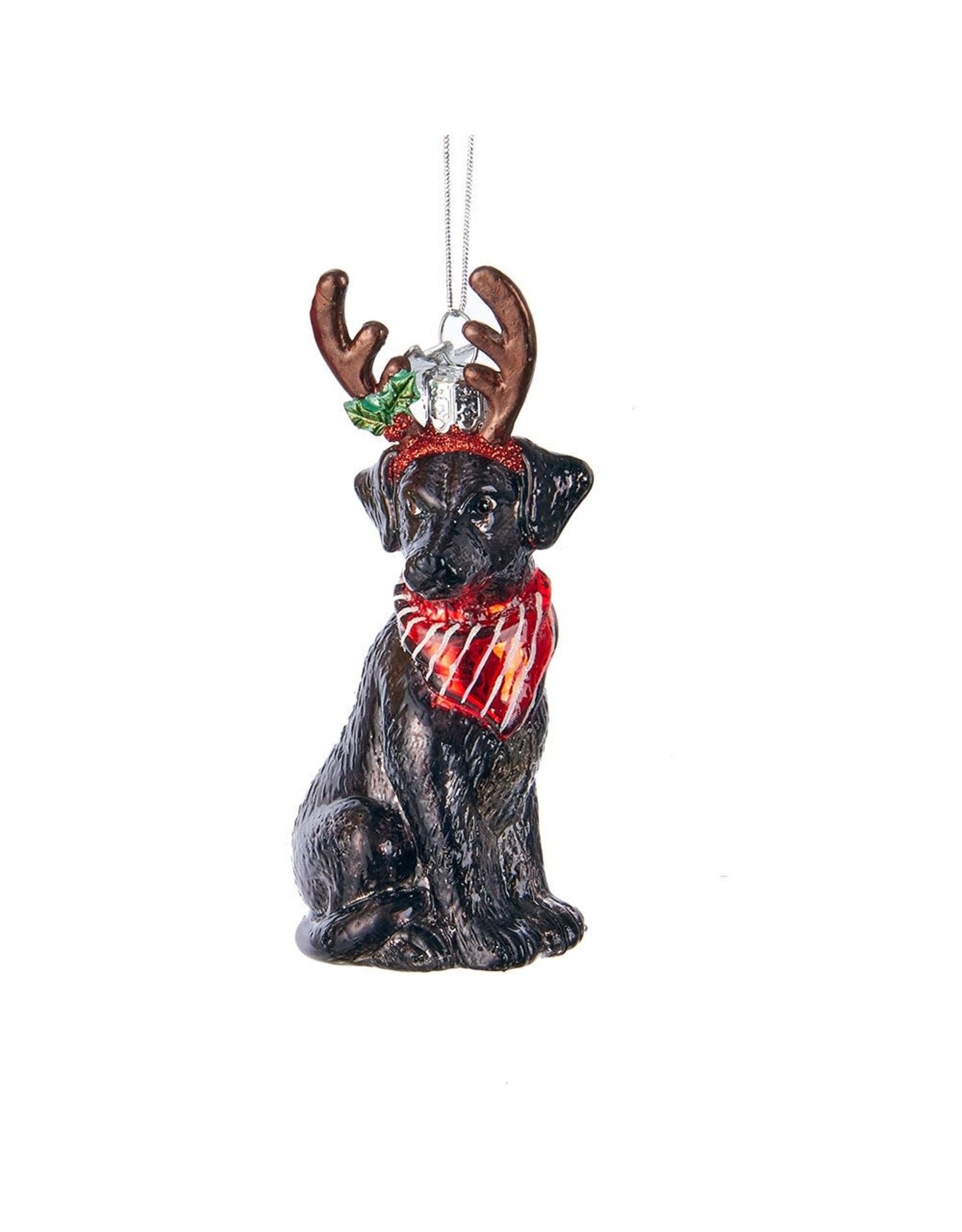 Kurt Adler Nobel Gems Black Labrador Retriever With Antlers Glass Ornament