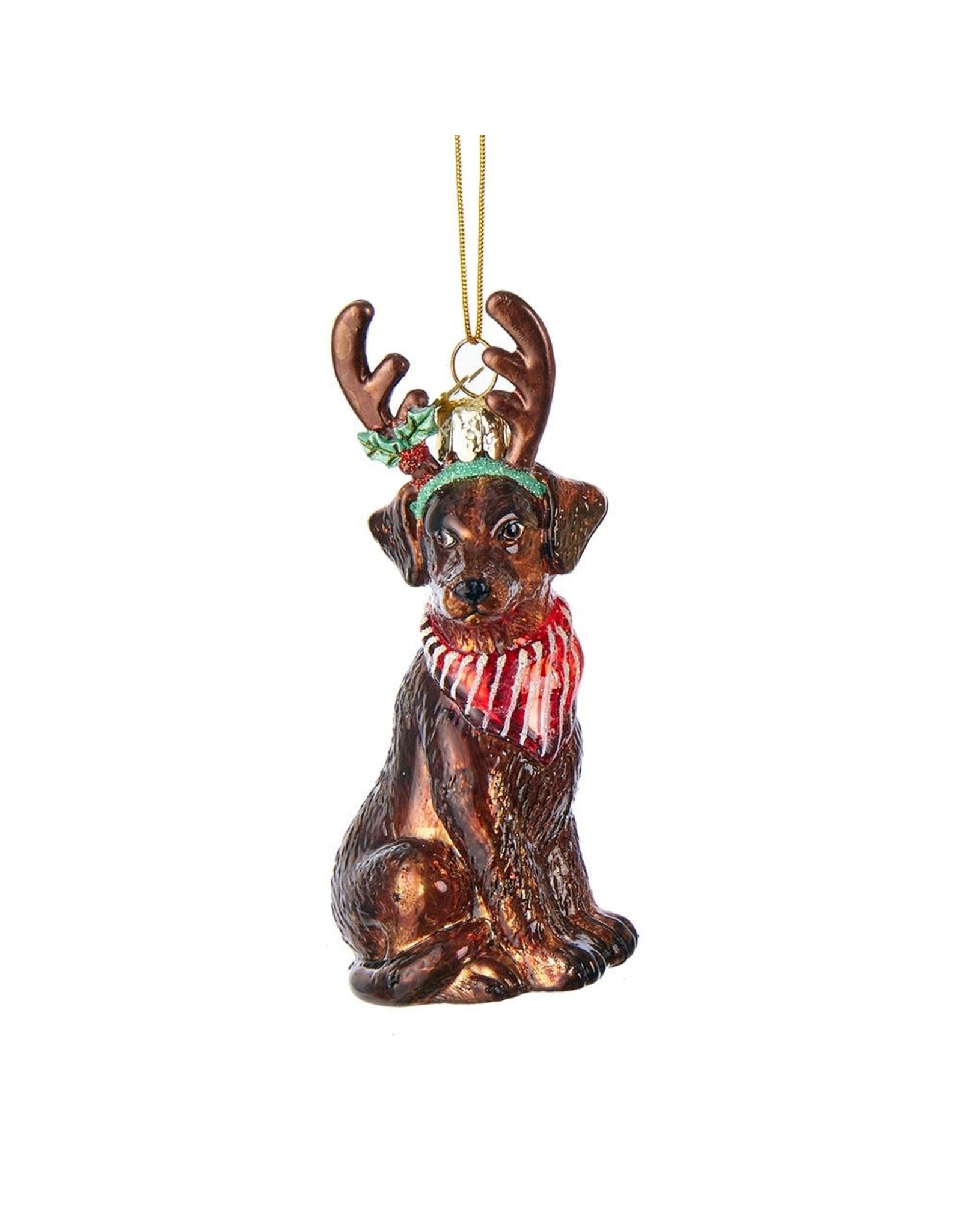 Kurt Adler Nobel Gems Chocolate Labrador Retriever Dog With Antlers Glass Ornament