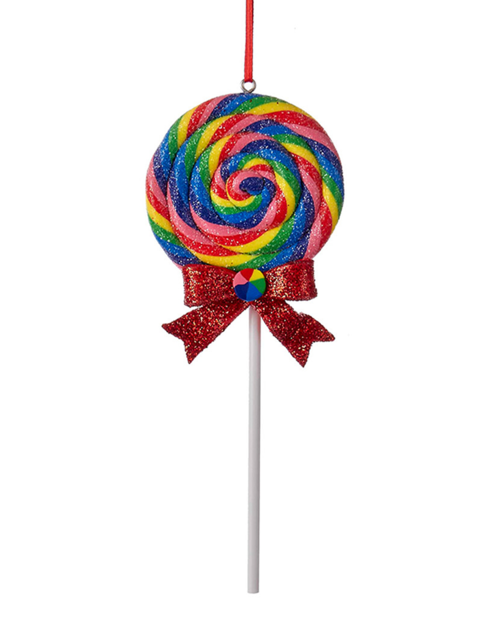 Kurt Adler Glitter Round Swirl Rainbow Lollipop Ornament Red Bow