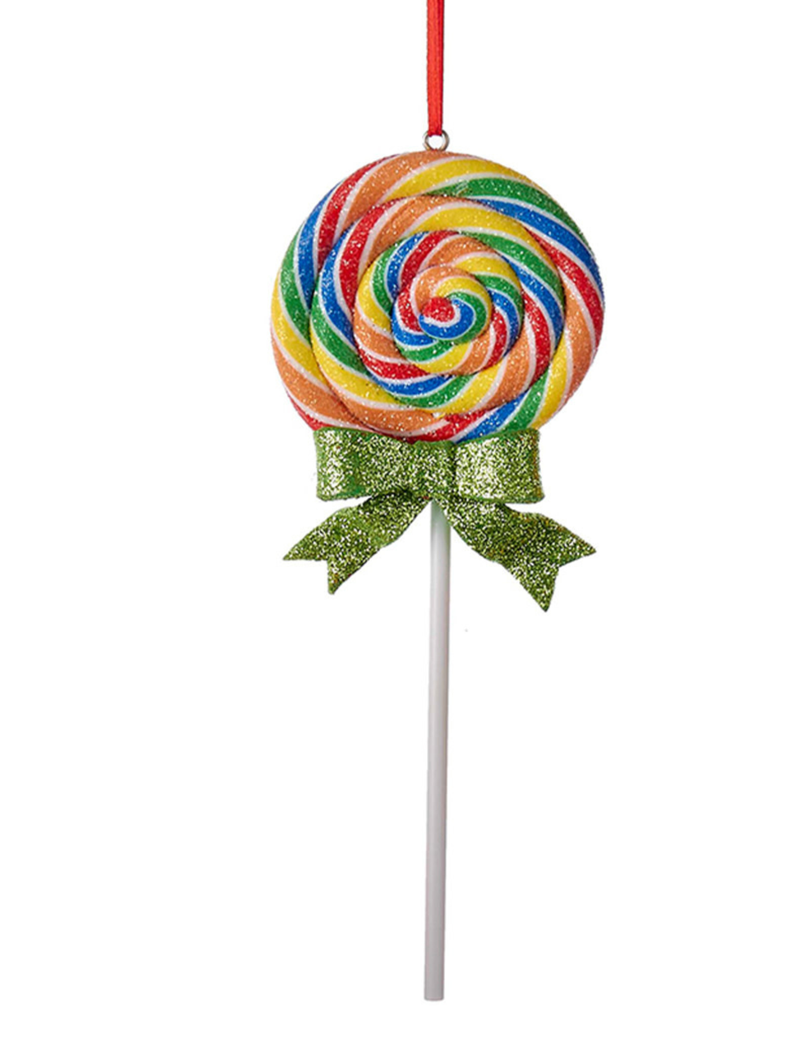 Kurt Adler Glitter Round Swirl Rainbow Lollipop Ornament Green Bow