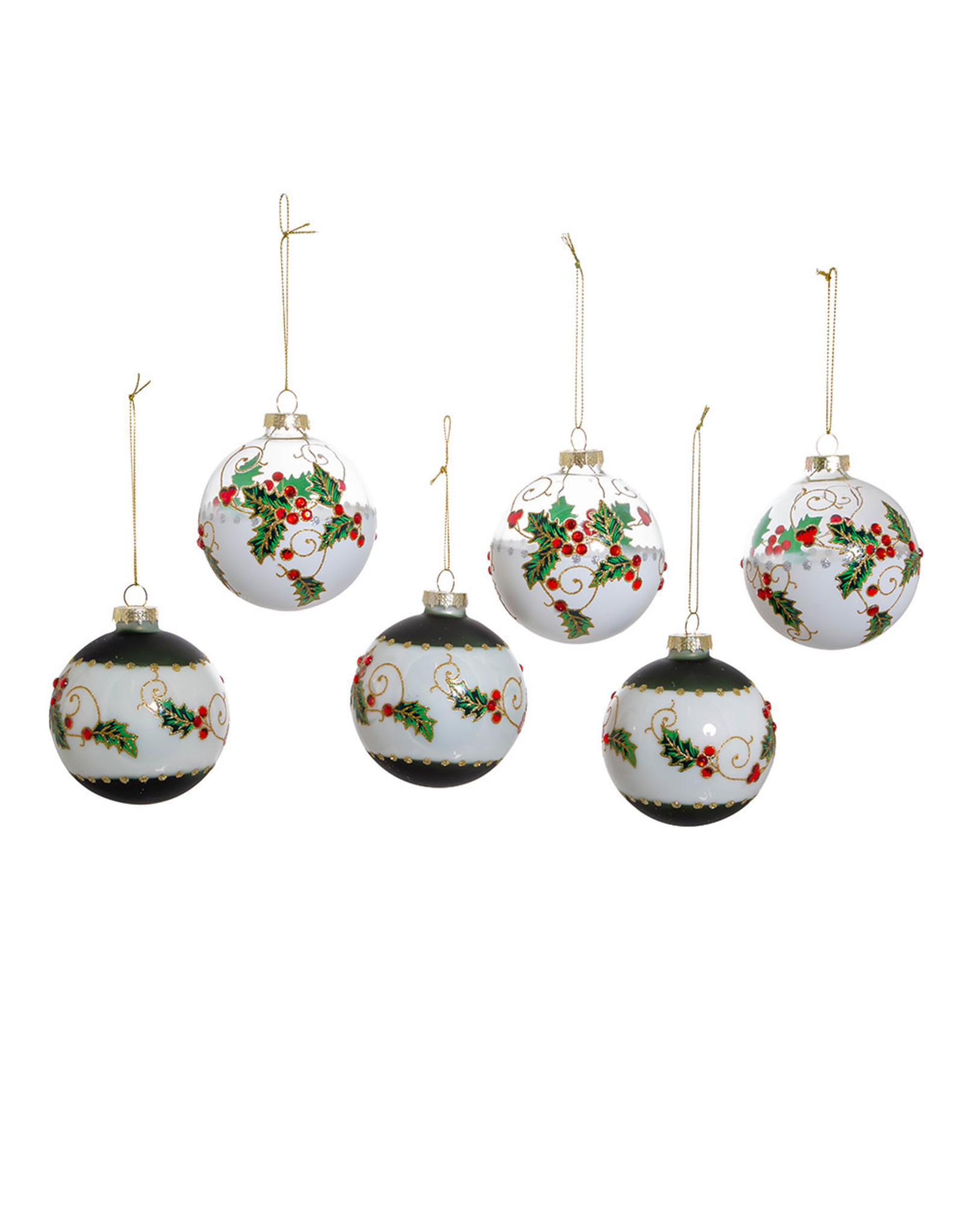 Kurt Adler Holly Leaves and Berries 80mm Glass Ball Ornaments Set 6