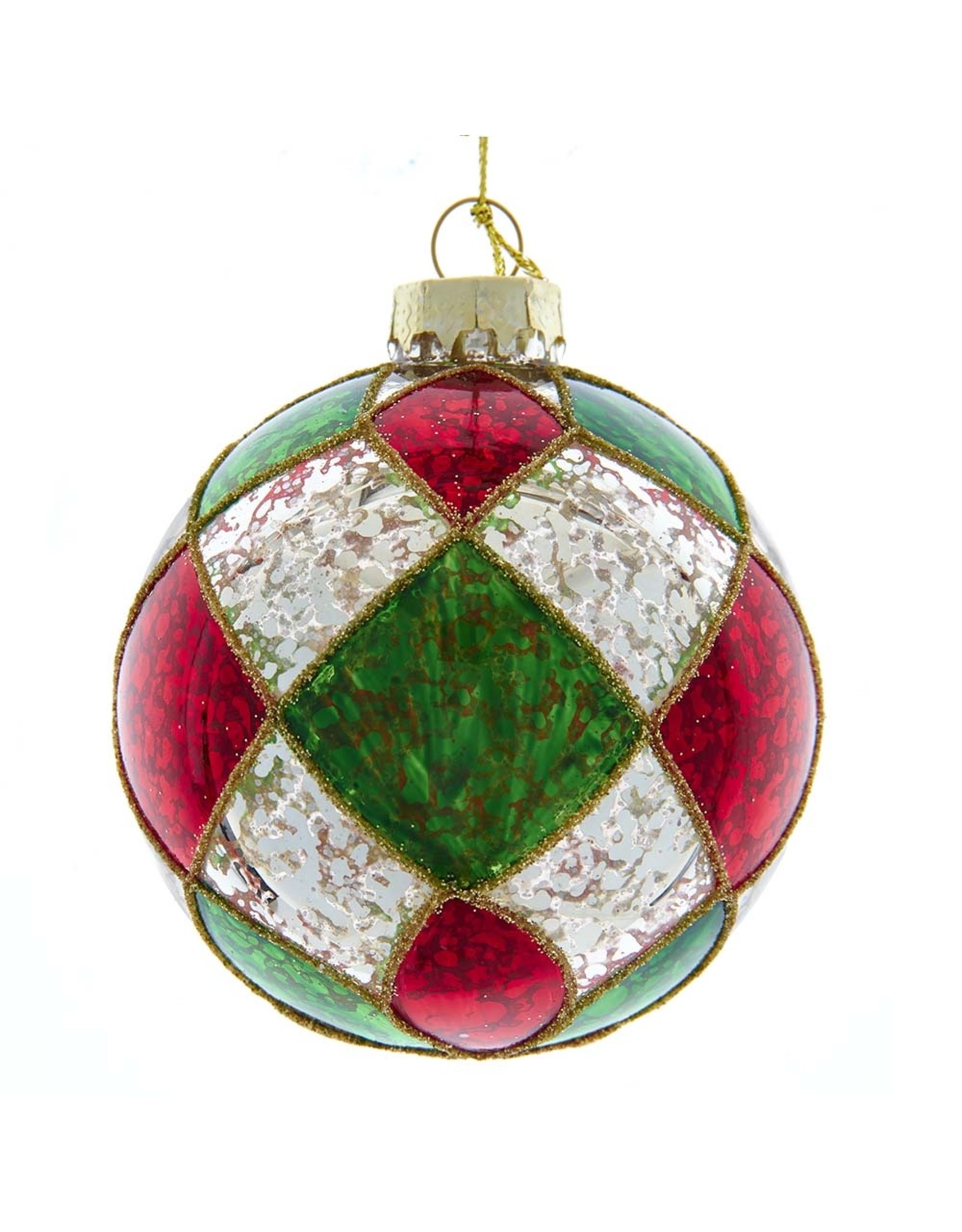 Kurt Adler Red Green Silver Checker Glass Ball Ornaments Set 6