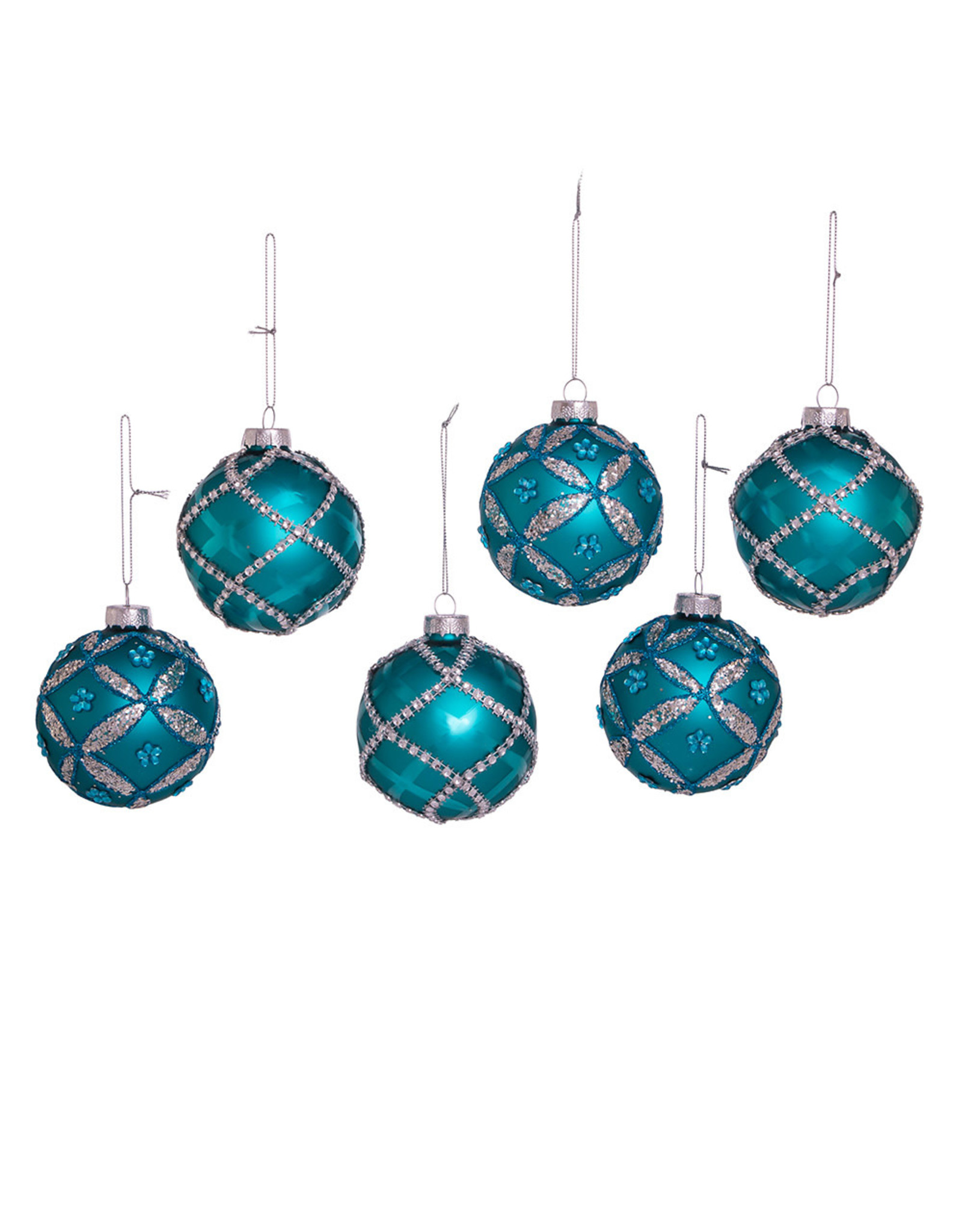 Kurt Adler Teal Glass Ball Ornaments W Embellishments Set of 6