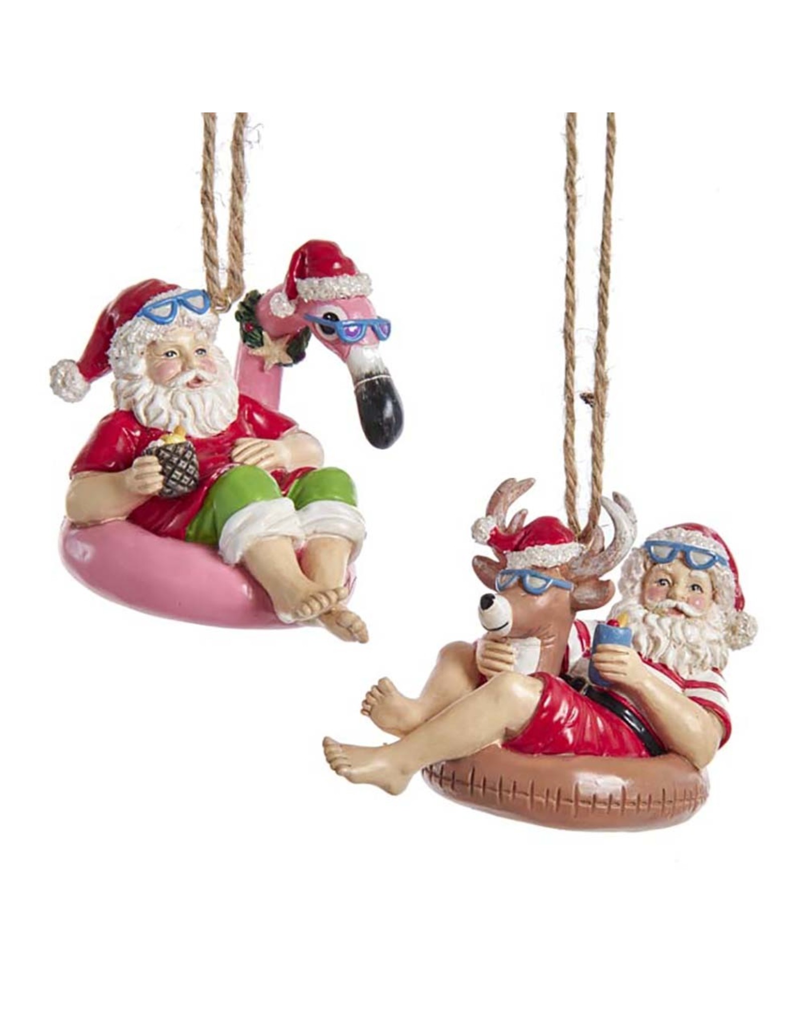 Kurt Adler Beach Santa Sitting On Pool Float Ornaments 2 Assorted