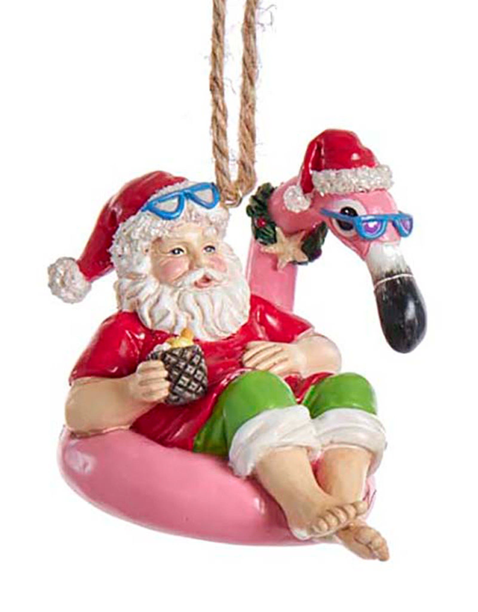 Kurt Adler Beach Santa Sitting On Flamingo Pool Float Ornament