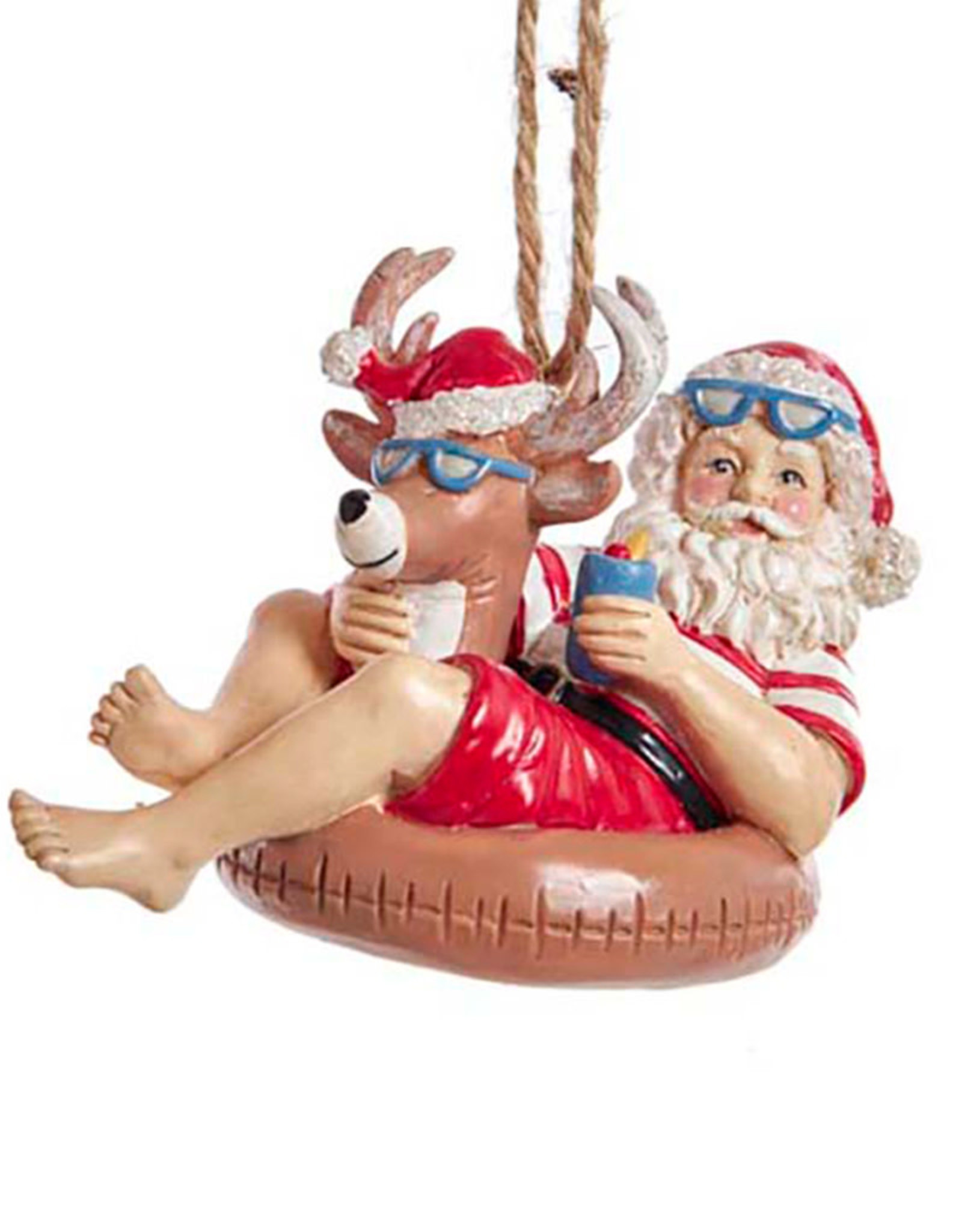 Kurt Adler Beach Santa Sitting On Reindeer Pool Float Ornament