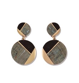 Periwinkle by Barlow Double Gold Disc Drop Wood Inlay Earrings