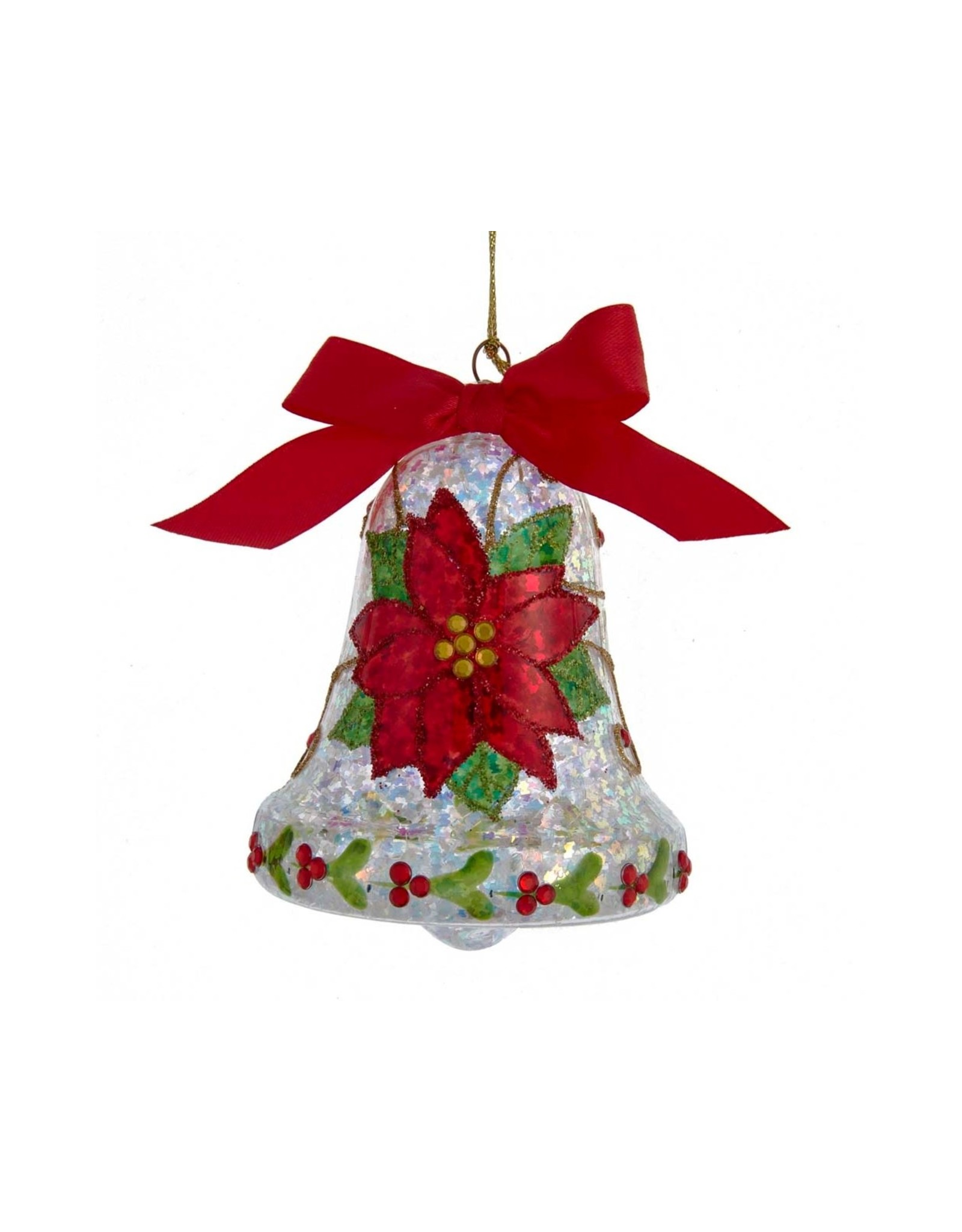 Kurt Adler Glass Bell Shape Ornament With Poinsettia Design 4.5 Inch