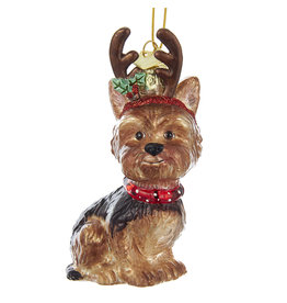 Kurt Adler Nobel Gems Yorkshire Terrier With Antlers Glass Ornament