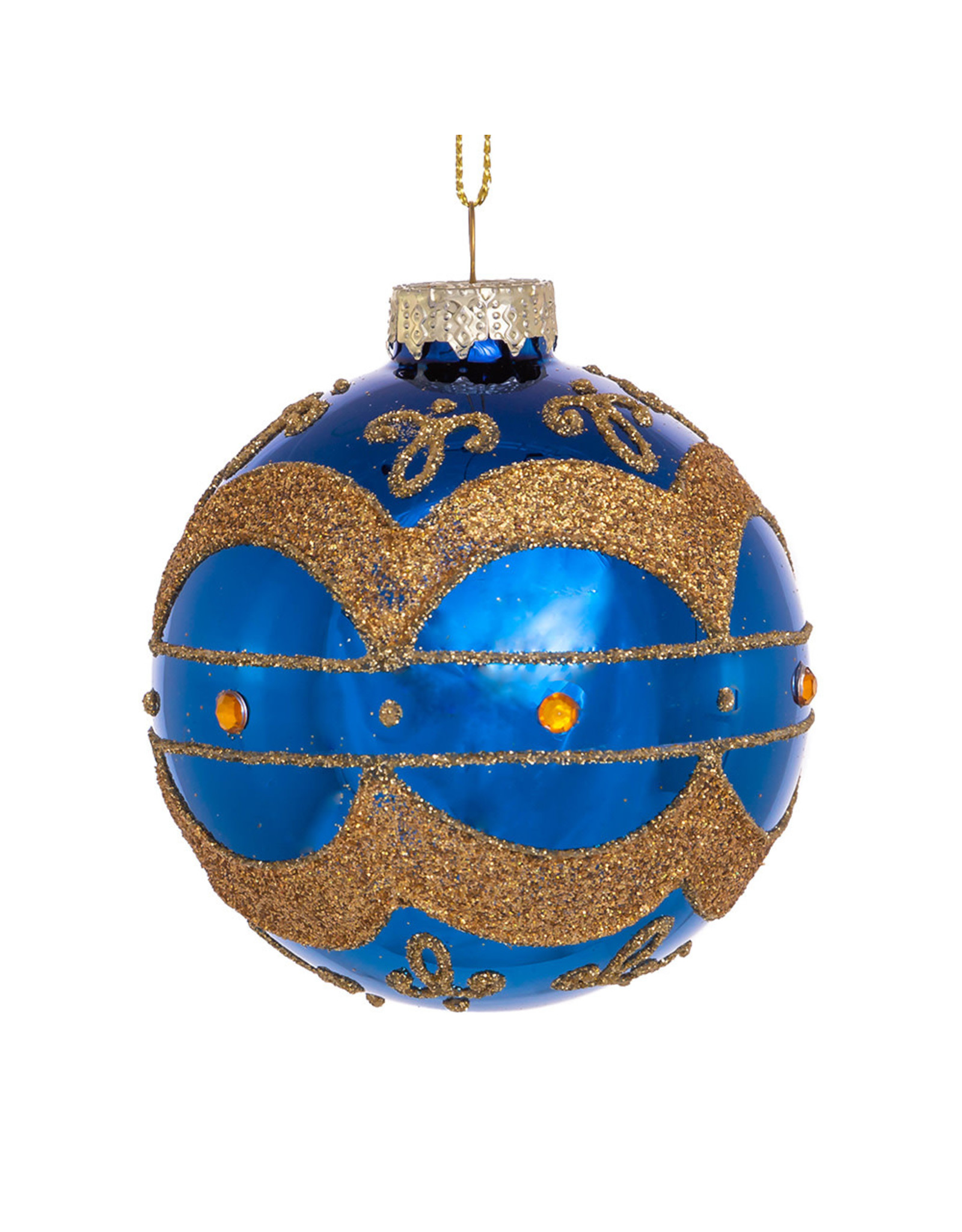 Kurt Adler Navy Blue W Gold Embellishments Glass Ball Ornaments Set 6