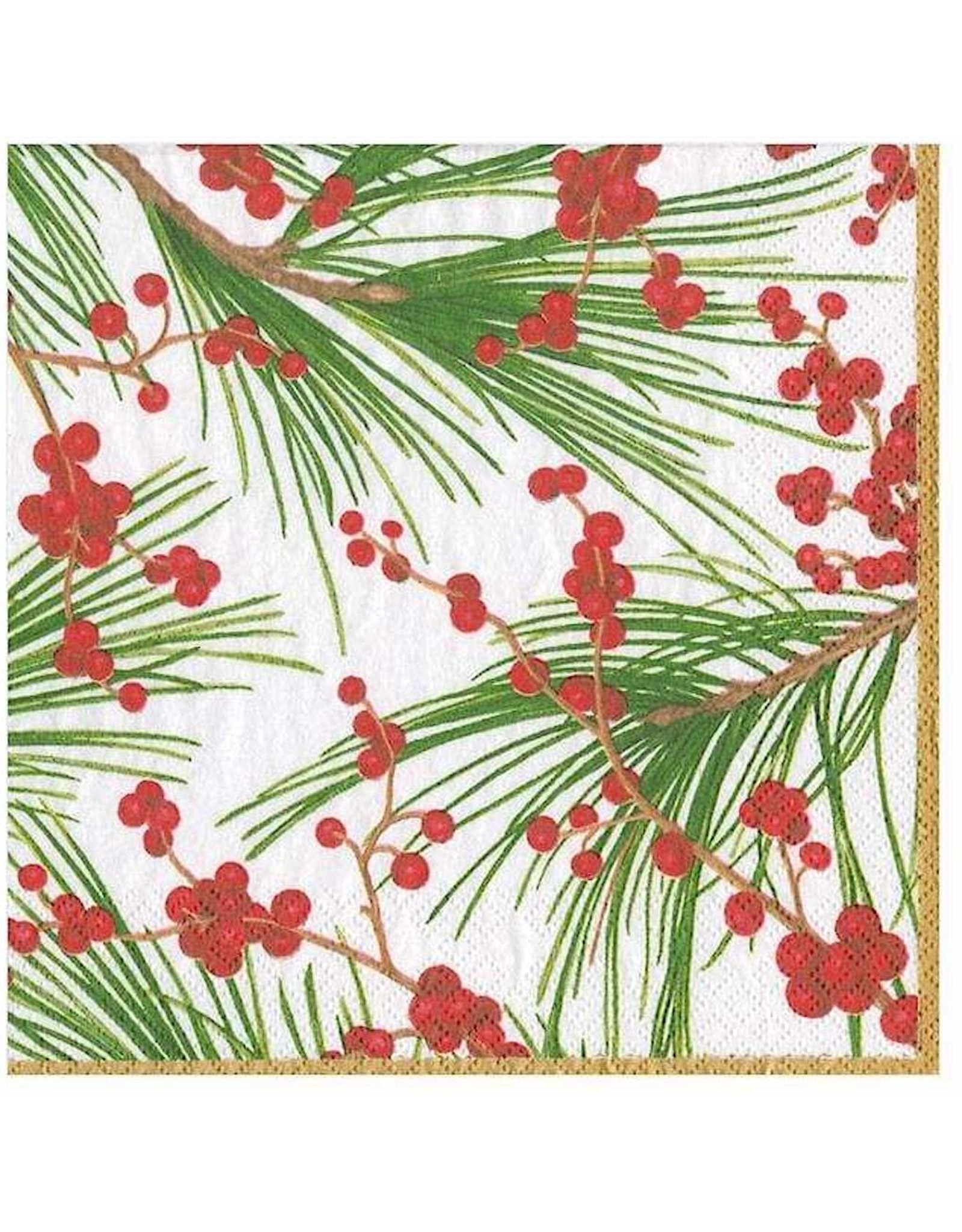 Caspari Christmas Paper Cocktail Napkins 20pk Berries And Pine